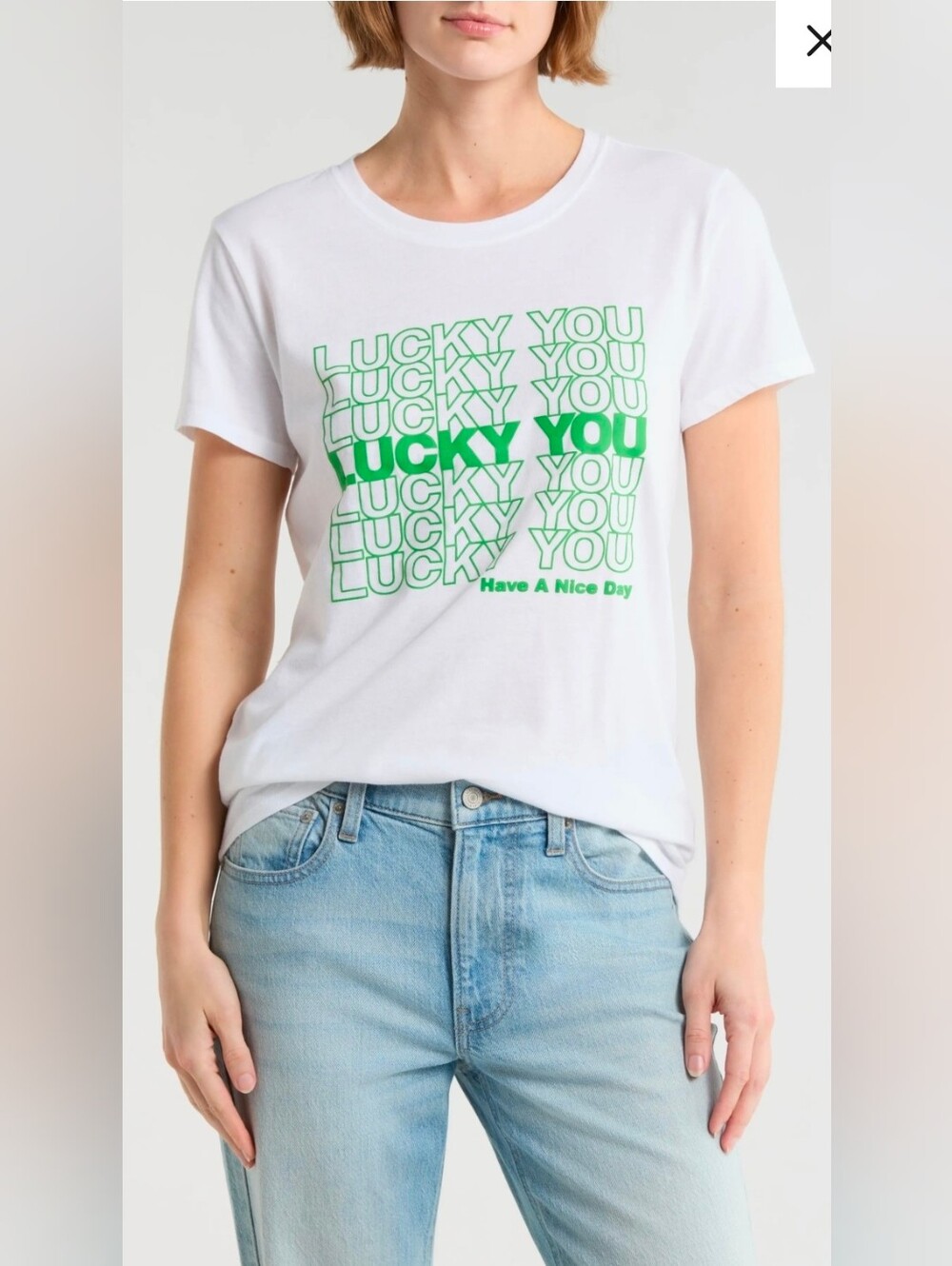 Lucky Brand White Tee with Green "Lucky You" Graphic S